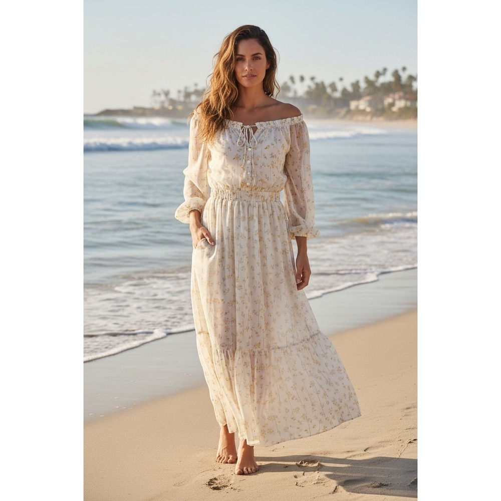 Reformation Becca Dress Spring Fairy Dress Petite Medium Floral Maxi Sleeve NWT